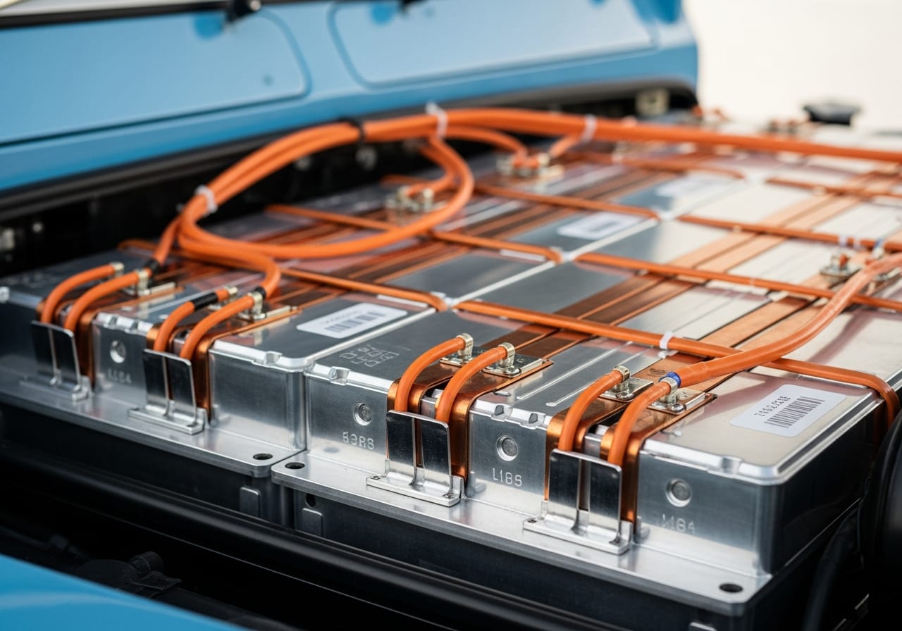 Macro close-up of the lithium-ion battery pack and orange high-voltage cables installed inside the engine bay of a classic Series Land Rover