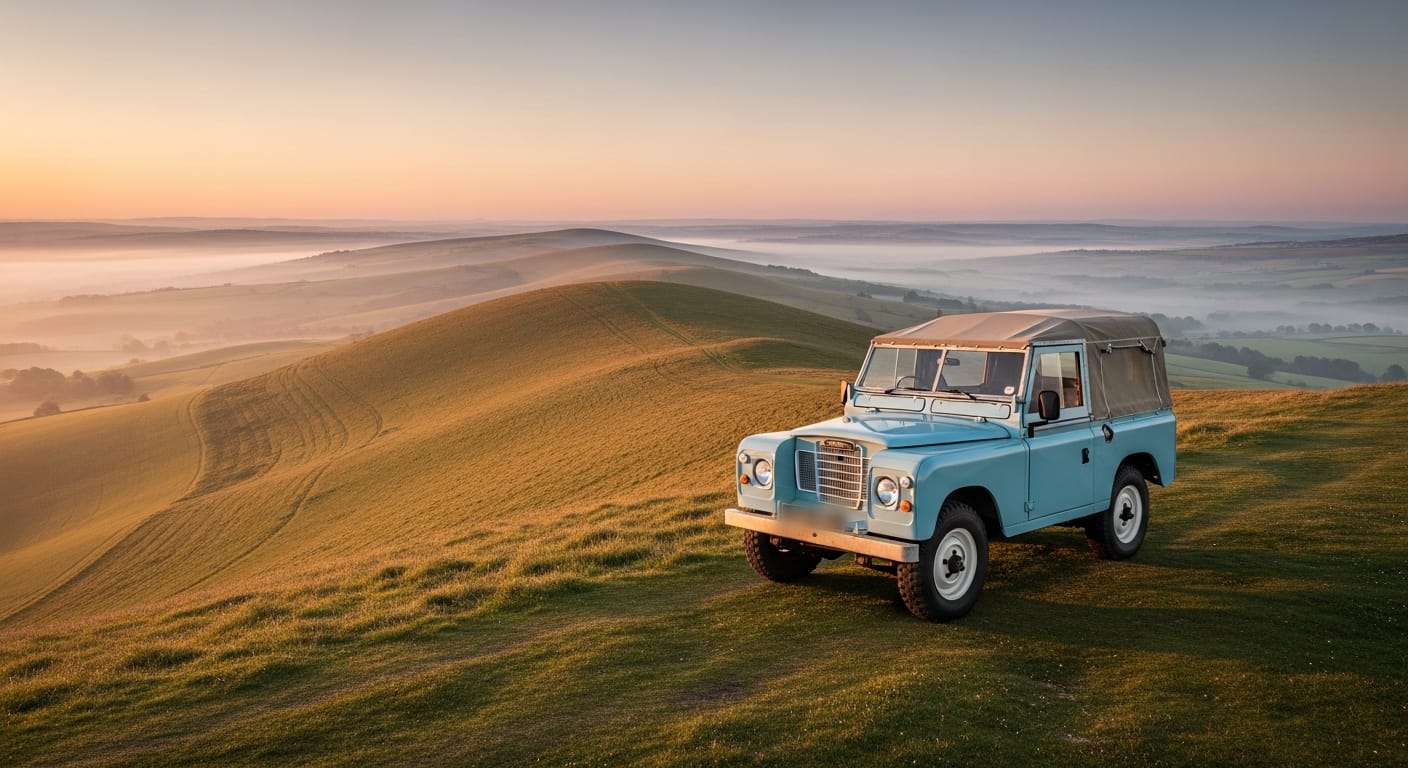 An EV Classics Series Land Rover on a chalk-grass ridge high on the South Downs at dawn, rolling Sussex countryside below