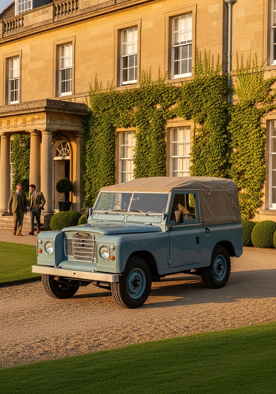 An EV Classics Series Land Rover parked on the forecourt of a Georgian country house hotel at golden hour