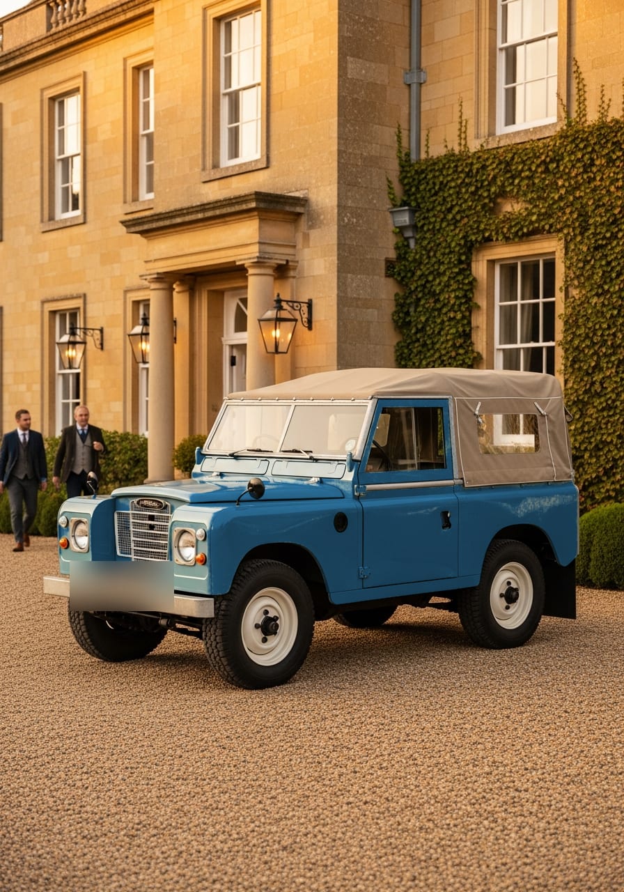 An EV Classics Series Land Rover parked on the forecourt of a Georgian country house hotel at golden hour