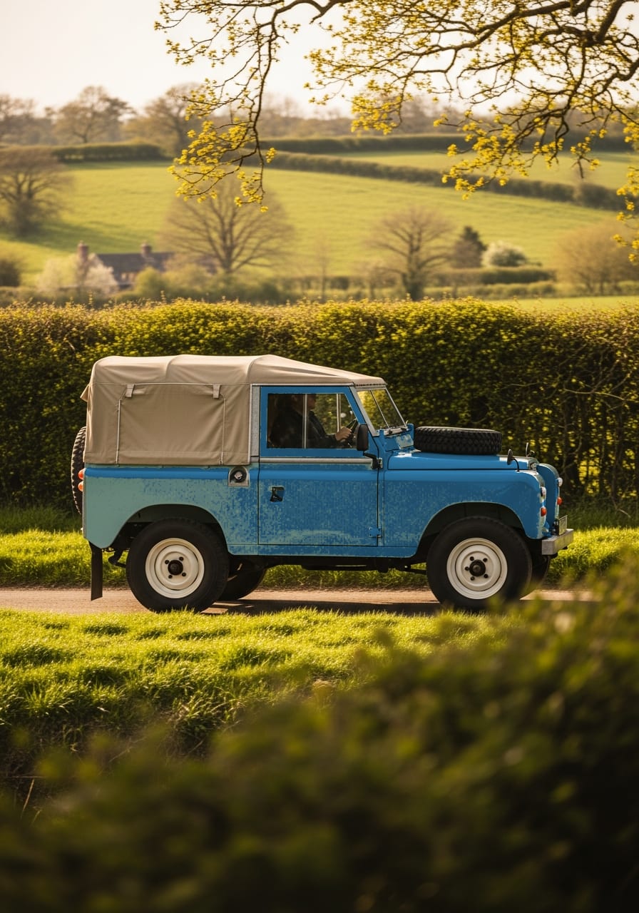 An EV Classics Series Land Rover on a winding English country lane at golden hour