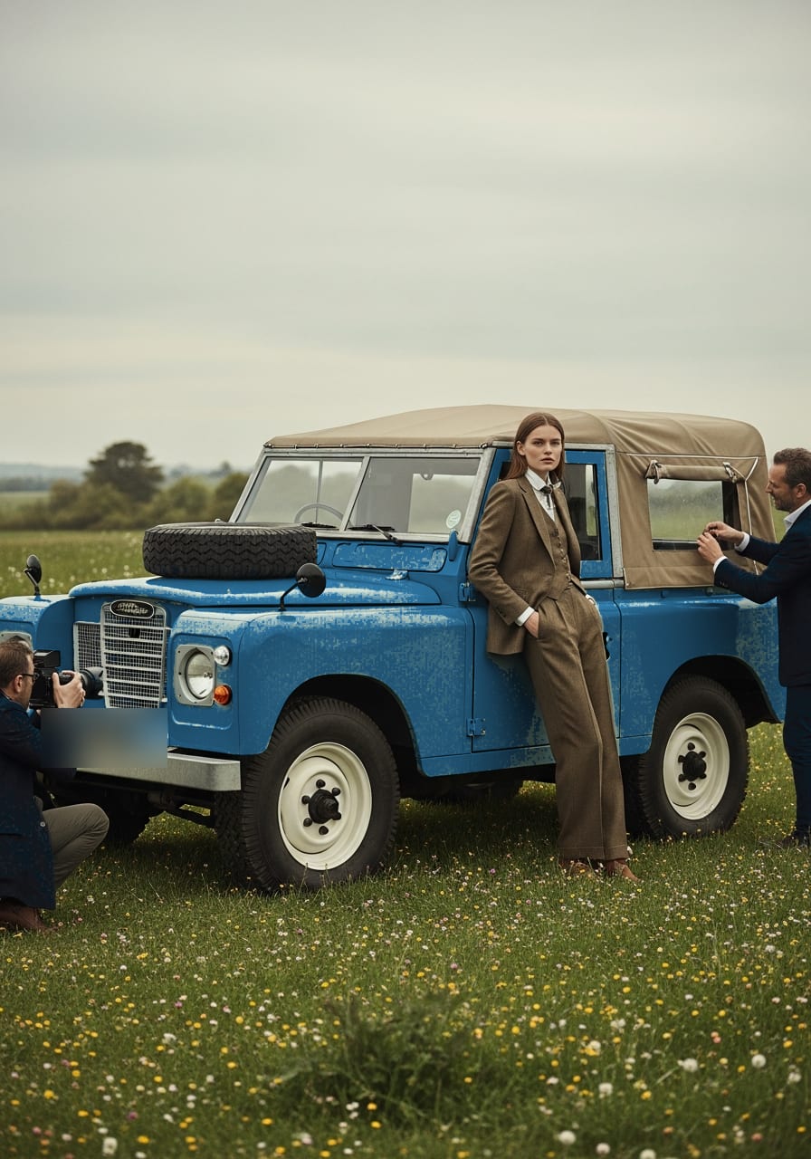 An EV Classics Series Land Rover on location during a fashion campaign shoot in a wildflower meadow