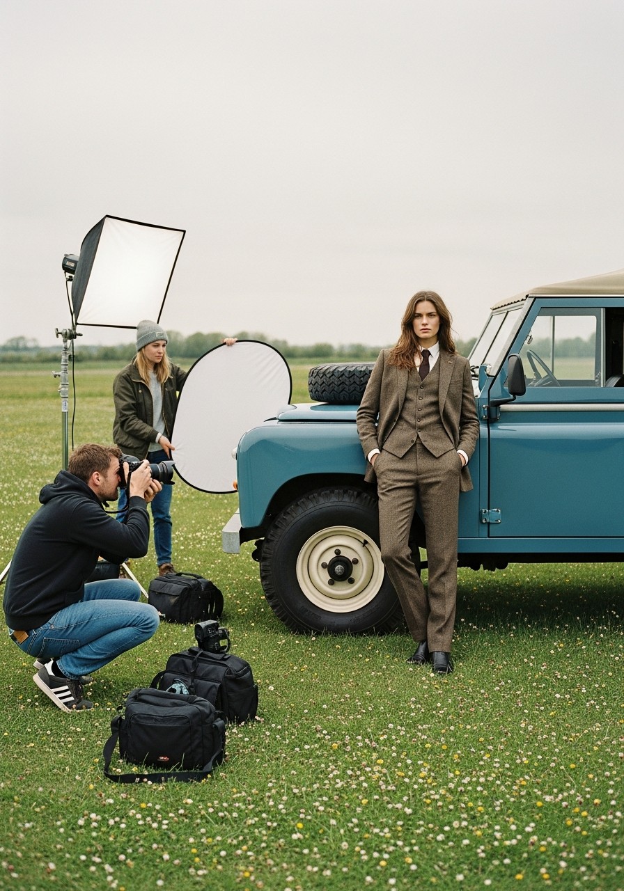 An EV Classics Series Land Rover on location during a fashion campaign shoot in a wildflower meadow